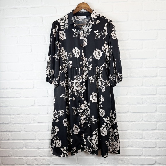 Polagram Black Floral Print Dress Collar Button Down Front Elastic Cuffs Medium - Picture 1 of 12